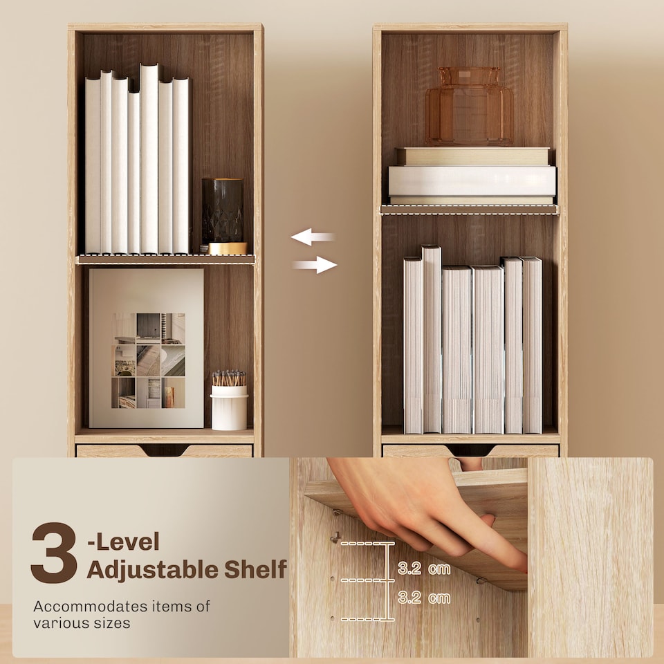 image 1 of HOMCOM Narrow Bookshelf with Drawer, Tall Bookcase for Living Room, Natural