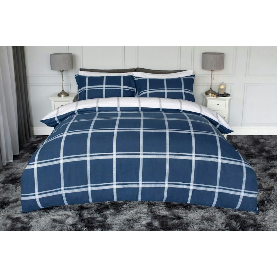 image 1 of Belledorm Dalton Brushed Cotton Checked Duvet Cover Set - Navy/White - Single