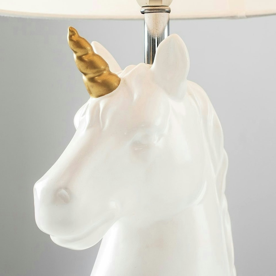 image 1 of ValueLights Gloss White And Gold Ceramic Unicorn Table Lamp With White Light Shade