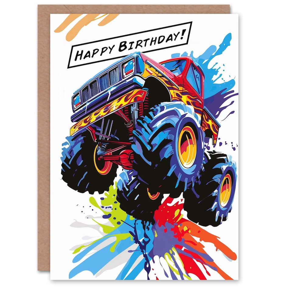 image 1 of Large Monster Truck With Flames Colourful Design Birthday Card