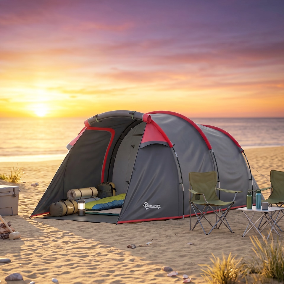 image 1 of Outsunny 2 Man Camping Tent with 2 Rooms Porch Vents Rainfly, Dark Grey