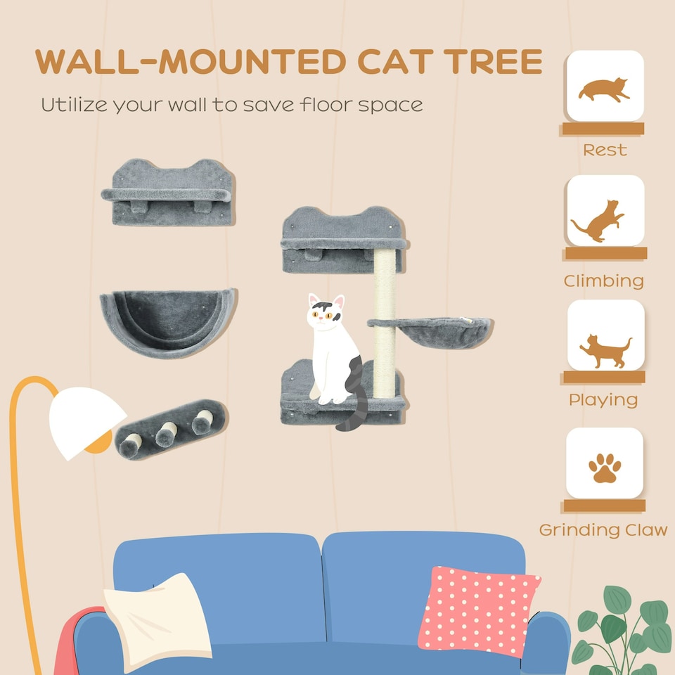 image 1 of PawHut Wall Mounted Cat Tree 4PC Kitten Activity Centre with Sisal, Grey