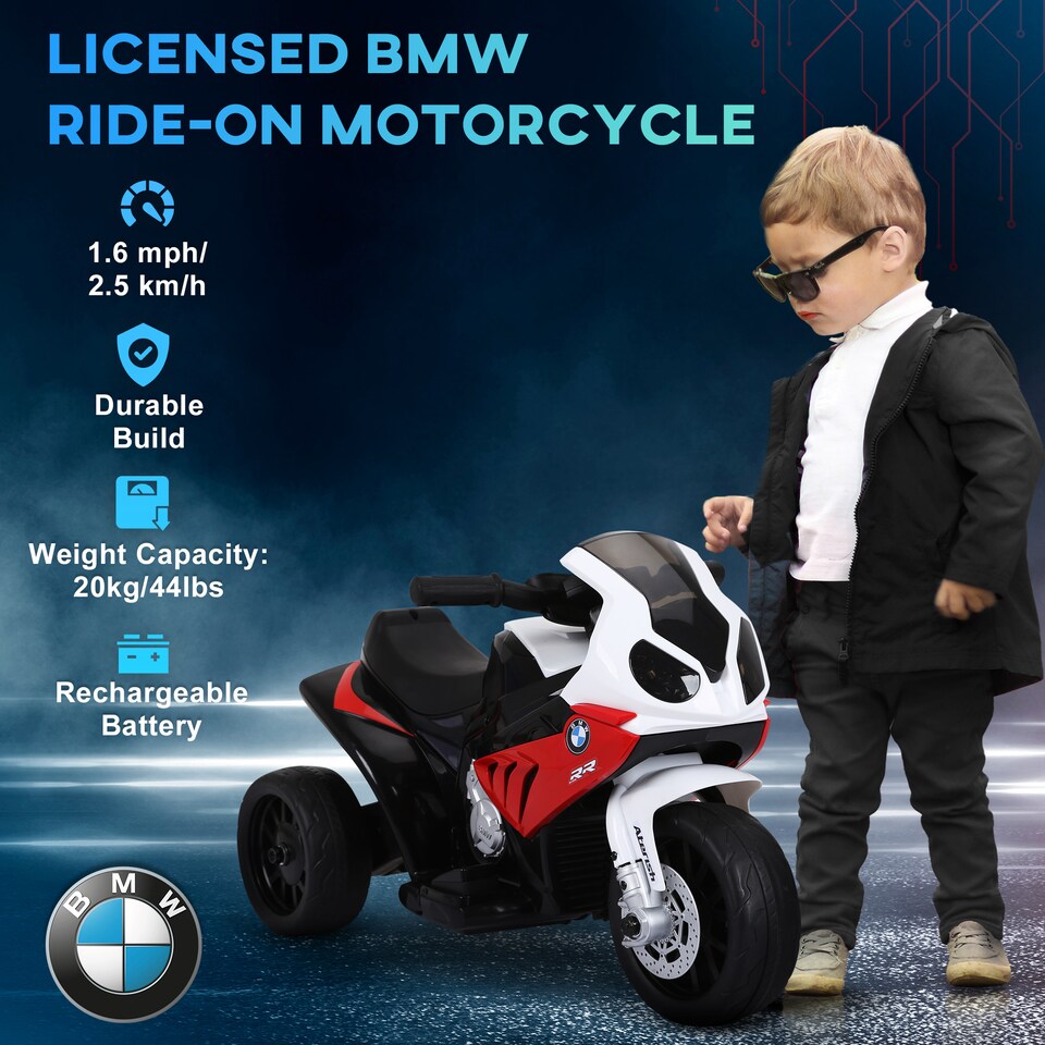 image 1 of HOMCOM BMW S1000RR Licensed 6V Kids Electric Motorbike 3 Wheel Ride on Motorcycle with Headlights Music for 18-36 Months, Red
