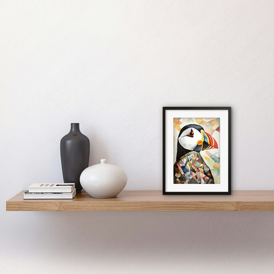 image 1 of Puffin Bird Abstract Portrait Folk Art 9x7" Black Framed Wall Art Print