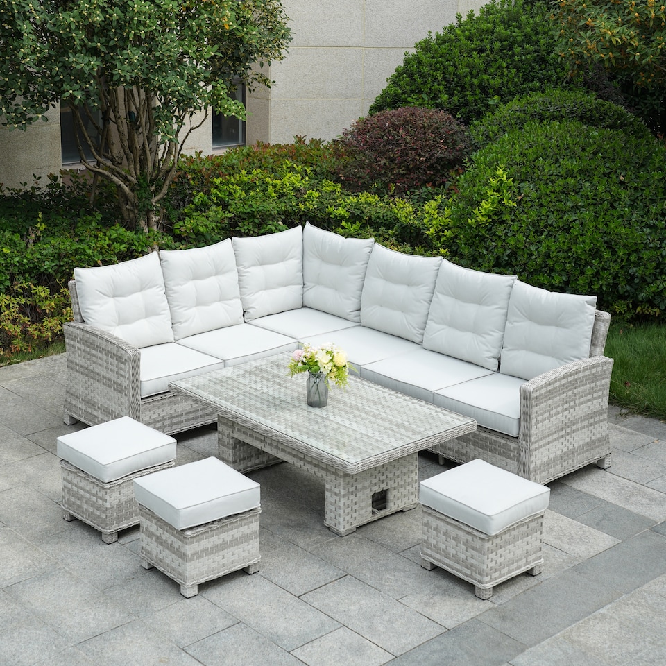 image 1 of Direct Wicker 8-Seater Premium Outdoor Garden Sofa Set with Rising Table | White | Five Plus Seater