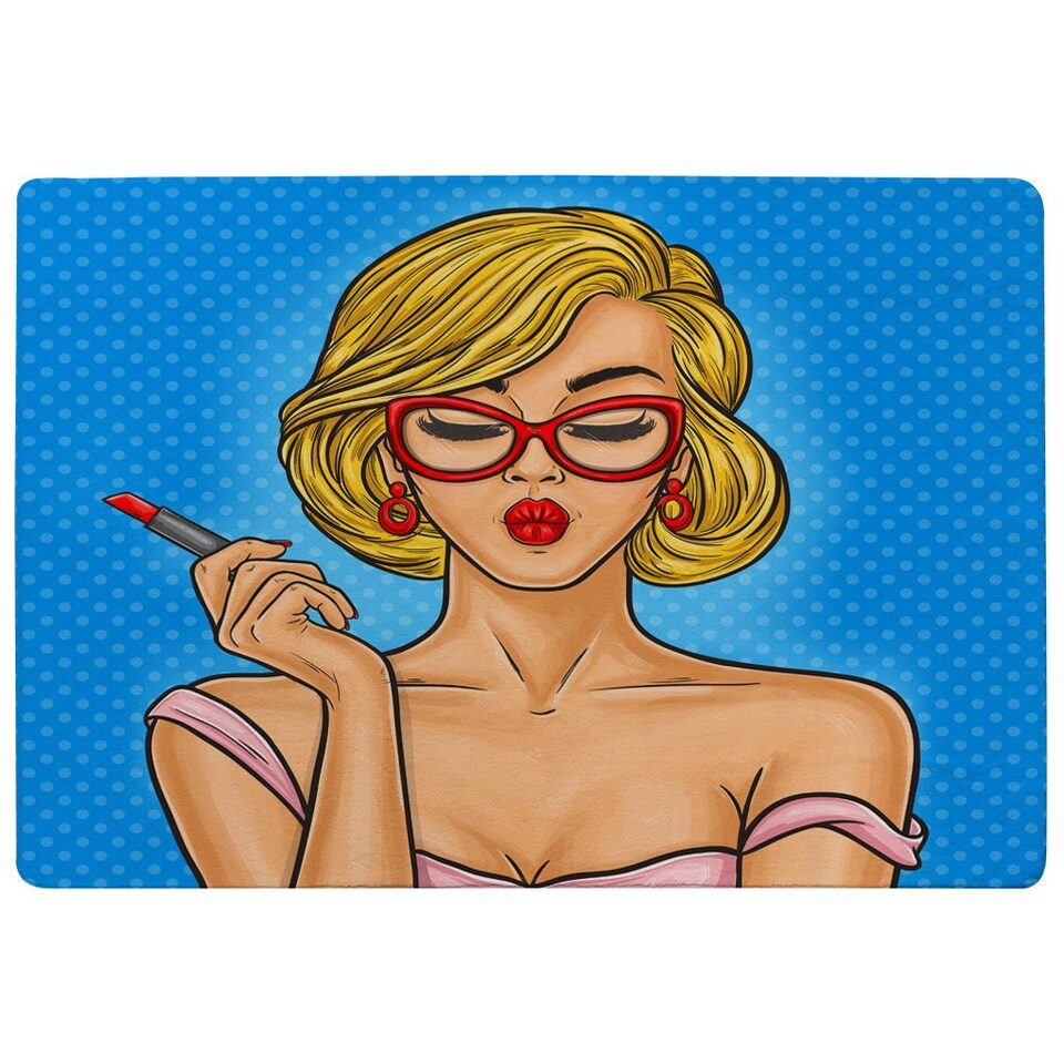 image 1 of Pop art illustration woman paints her lips (Rug) Blue | XL