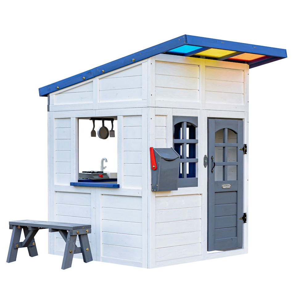 image 1 of Teamson Kids Wooden Playhouse Wendy House with Rainbow Shade, Kitchen, Flower Box & Bench, White