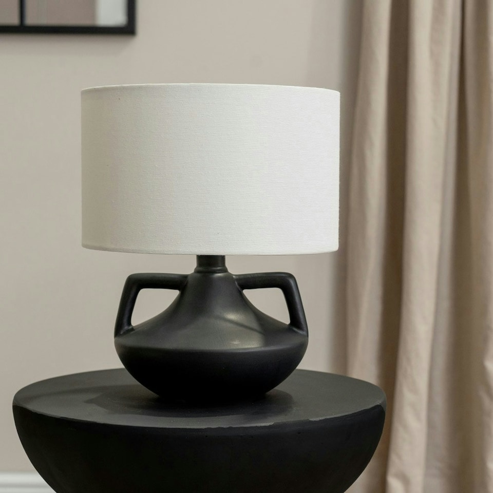 image 1 of ValueLights Zoe Linen Drum Lamp Shade Matte Black Ceramic Vase Table Lamp Black