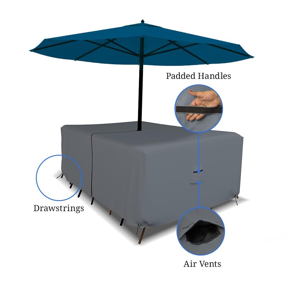 image 1 of Covers&All Rectangle Table & Chair Set Cover, Umbrella Hole, 12 Oz Waterproof UV & Weather Resistant, 108 in L x 82 in W x 23 in H, Gray