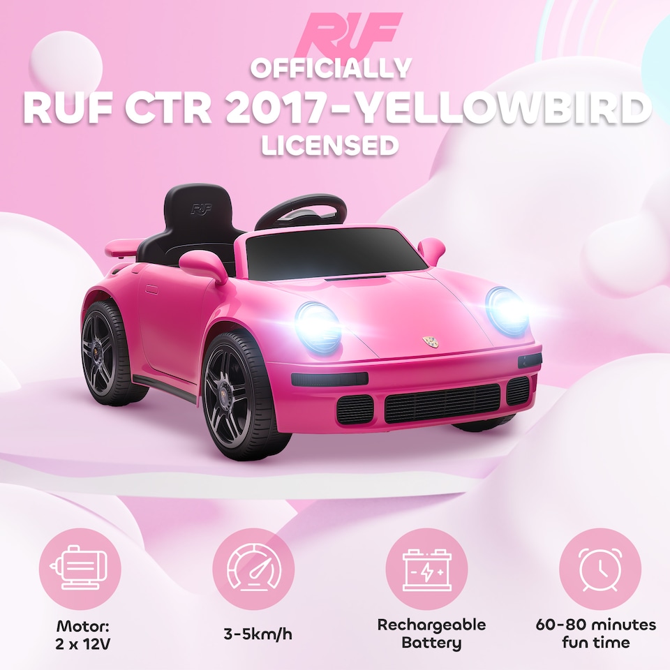 image 1 of AIYAPLAY Licensed RUF CTR 2017-Yellowbird Electric Car for Kids, Ride On Car 12V Battery Powered Kids Electric Vehicle with Remote Control, Soft Start, MP3 Player, LED Lights, Horn | Pink