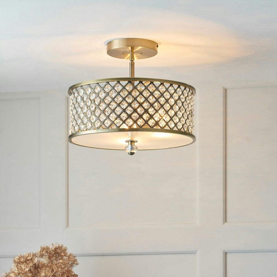 image 1 of Hudson 3 Light Flush Ceiling Light Antique Brass, Crystal, E27