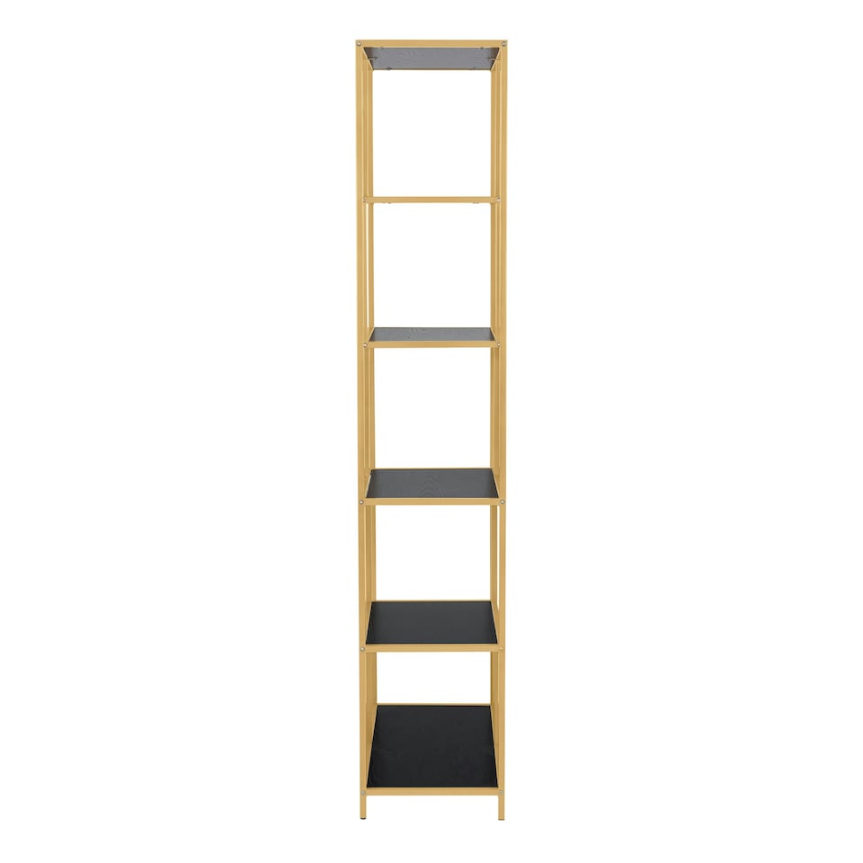 image 1 of Seaford Tall Gold Metal Bookcase with 5 Black Shelves