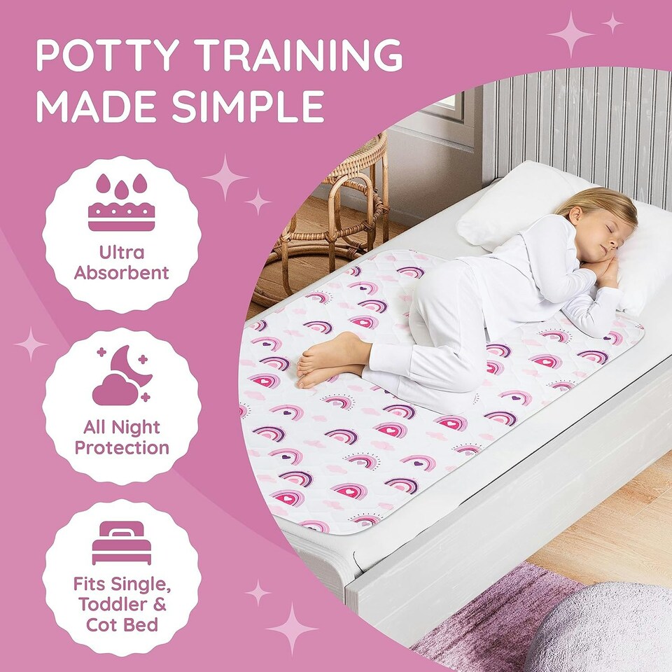 image 1 of Toddler Potty Training Bed Pads - Soft Waterproof Bedwetting Pee Protector Mat for Kids - Incontinence Mattress Sheet Absorbs Up to 2000ml - 135 x 85cm, Rainbow White | Rainbow | Double