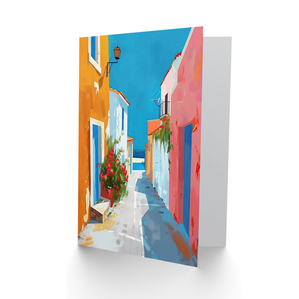 image 1 of Greek Coastal Village Street Calm Sunny Him Her Card