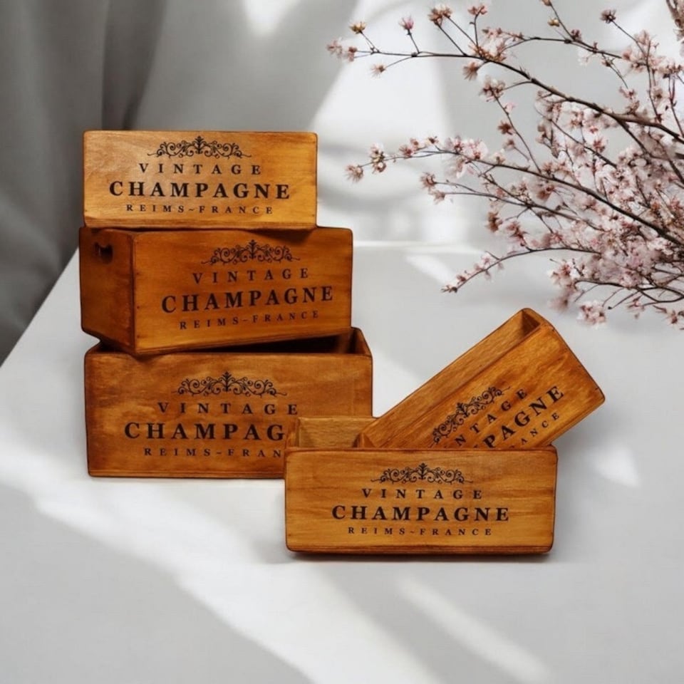 image 1 of "Vintage Champagne" - Crate Planters (Set of 5) - Wood Brown