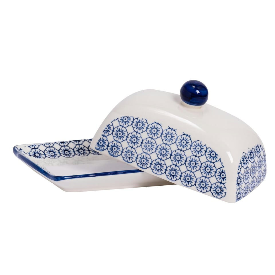 image 1 of Nicola Spring Hand-Printed Butter Dish - 18.5 x 12cm - Navy