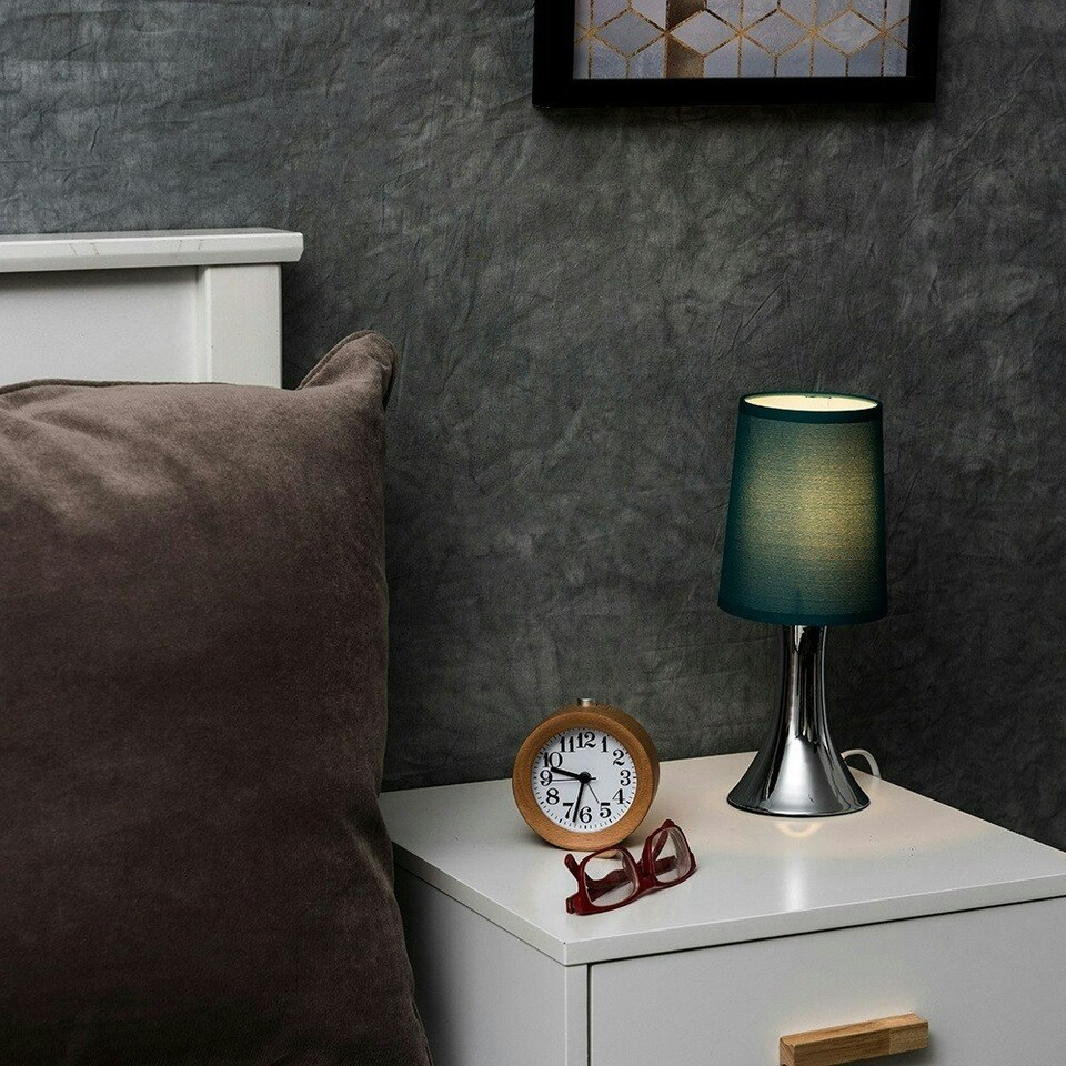 image 1 of ValueLights Modern Chrome Trumpet Touch Table Lamp With Turquoise Teal Fabric Shade