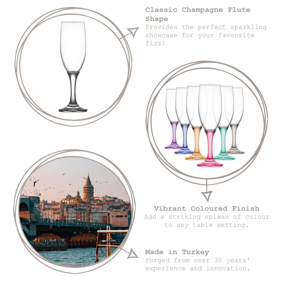 image 1 of LAV Misket Glass Champagne Flutes - 190ml - Coloured Stem - Pack of 12