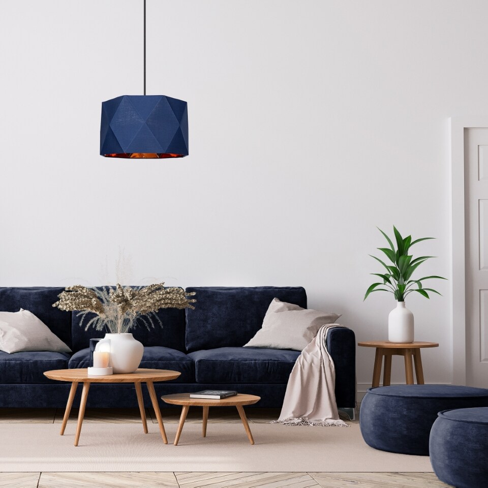 image 1 of Navy Blue Cotton 12 Geometric Shade with Brushed Copper Metal Effect Lining | Blue