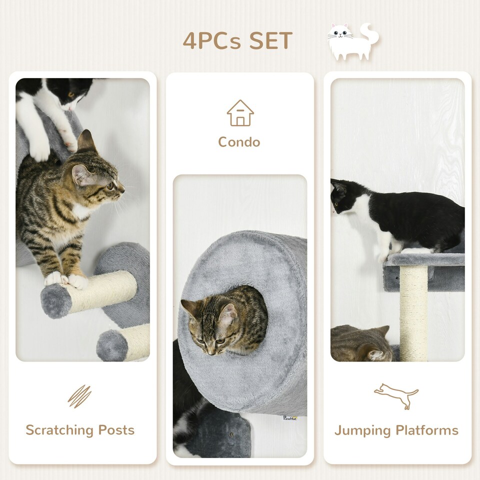 image 1 of PawHut 4PCs Wall Mounted Cat Furniture Set with Steps Scratching Post, Grey