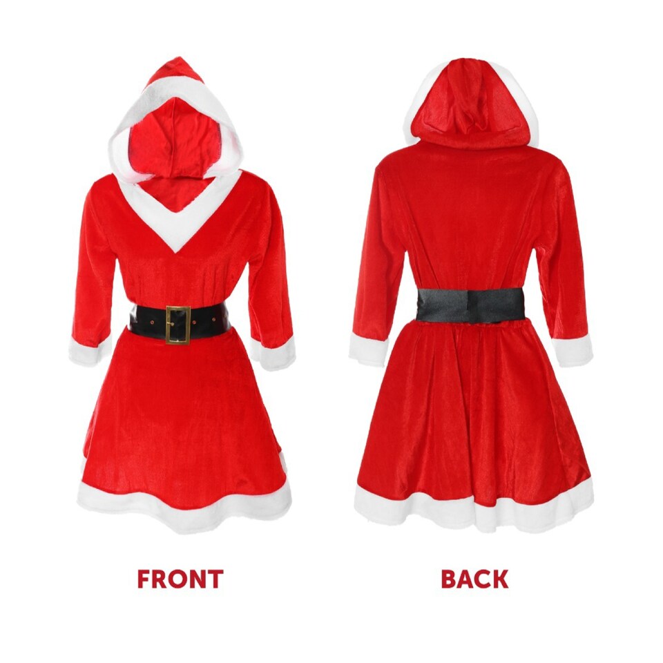 image 1 of Hooded Miss Santa Dress with Black Stockings | Multi | XS