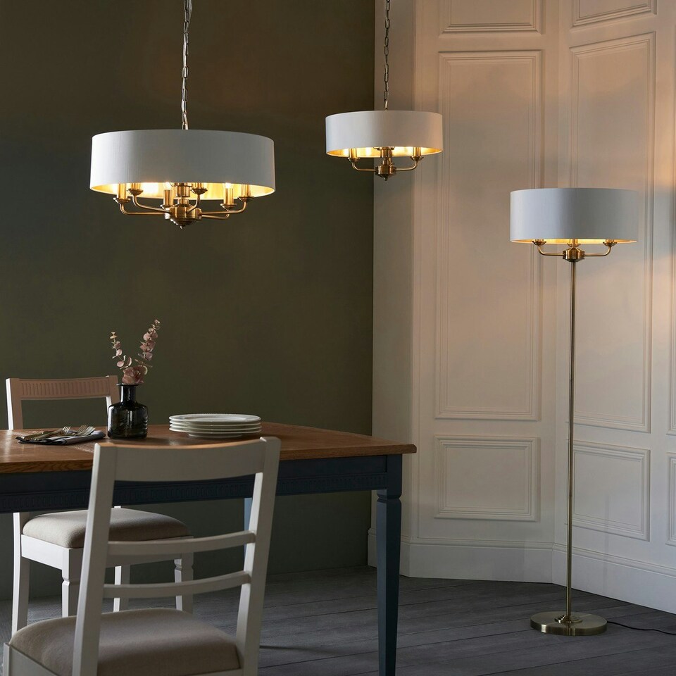image 1 of Highclere Single Shade Pendant Ceiling Lamp, Antique Brass Plate, Vintage White Fabric