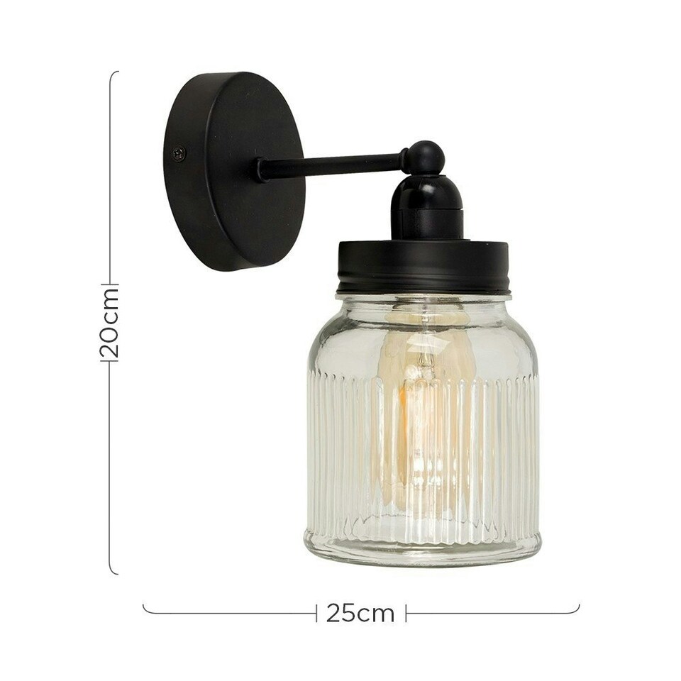 image 1 of ValueLights Industrial Satin Black Pipework Single Wall Light With Clear Glass Jar Shade Black