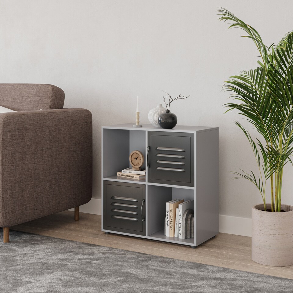 image 1 of 4 -Cube Shelving Unit With Metal Doors - Square | Grey | Grey & Black | 1