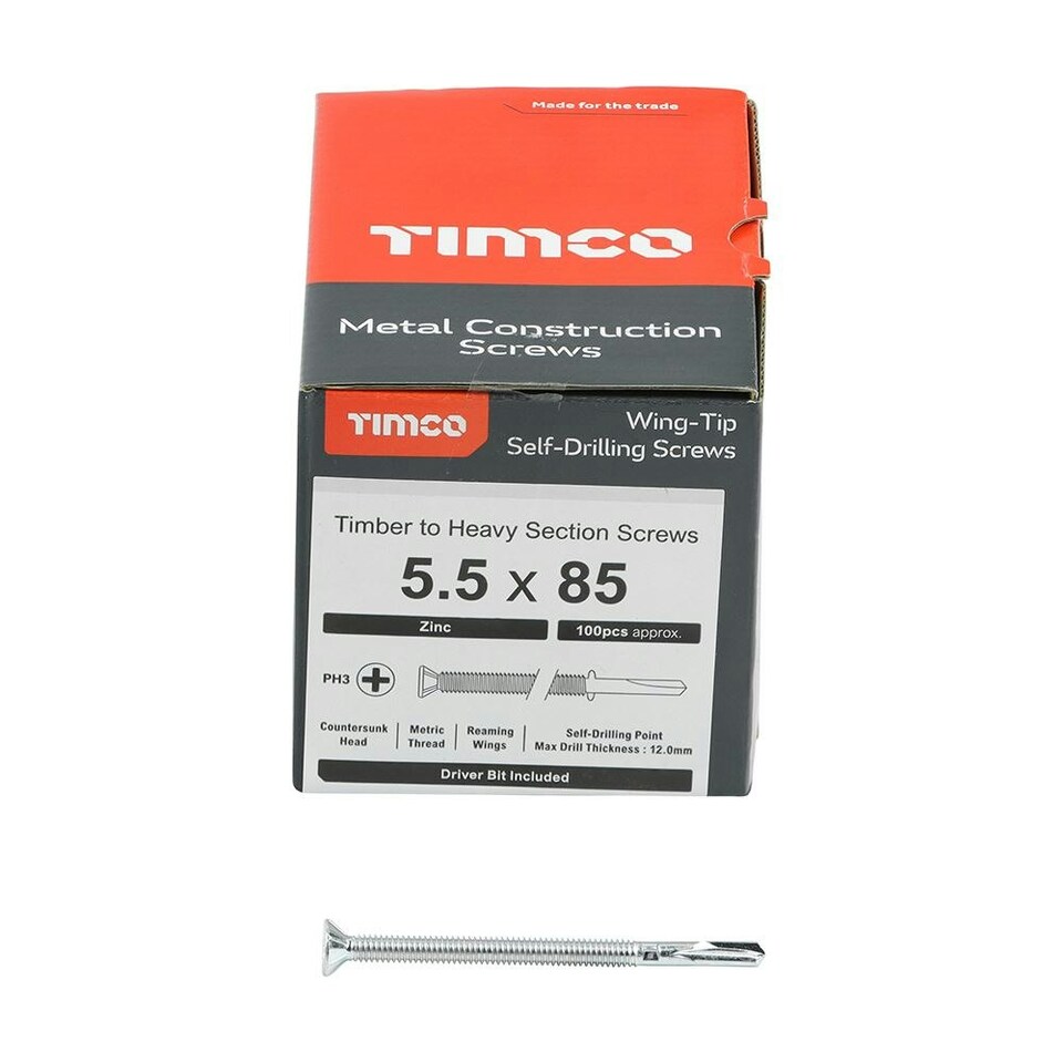 image 1 of Timco - Metal Construction Timber to Heavy Section Screws - Countersunk - Wing-Tip - Self-Drilling - Zinc (Size 5.5 x 85 - 100 Pieces)
