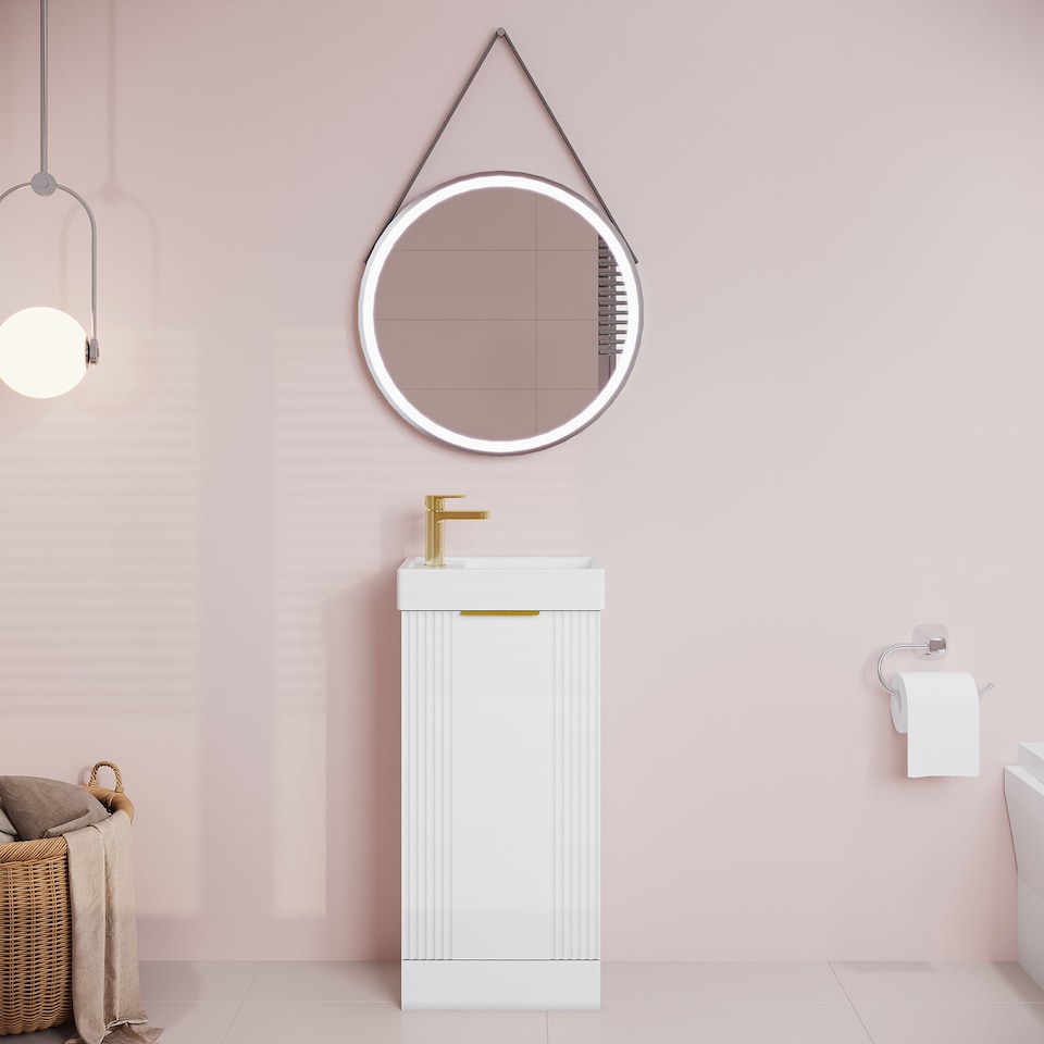 image 1 of White 400mm Floor Standing Vanity Unit with Brushed Brass Handle | White | Satin White | 1
