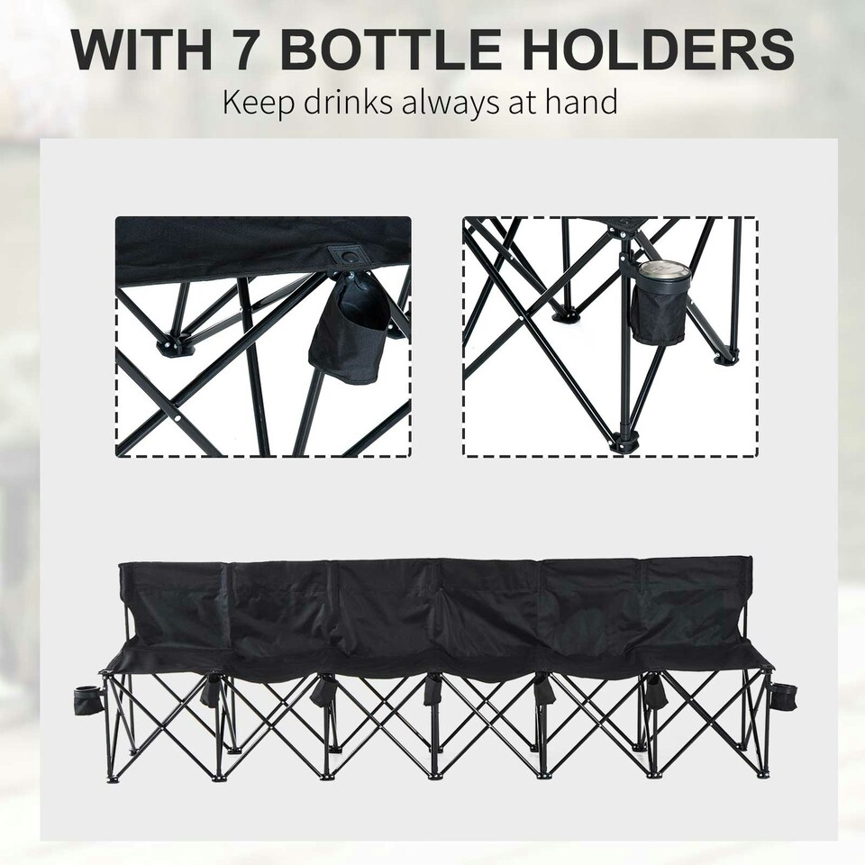 image 1 of Outsunny 6 Seater Folding Bench Camping Chair with Cup Holder, Black