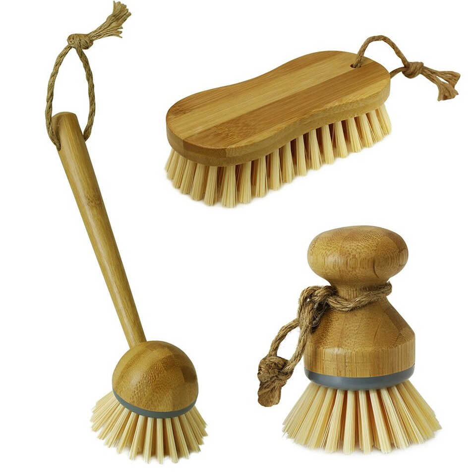 image 1 of JVL Bamboo Cleaning Essentials, Scrubbing Round Dish Brush, One Size Brown