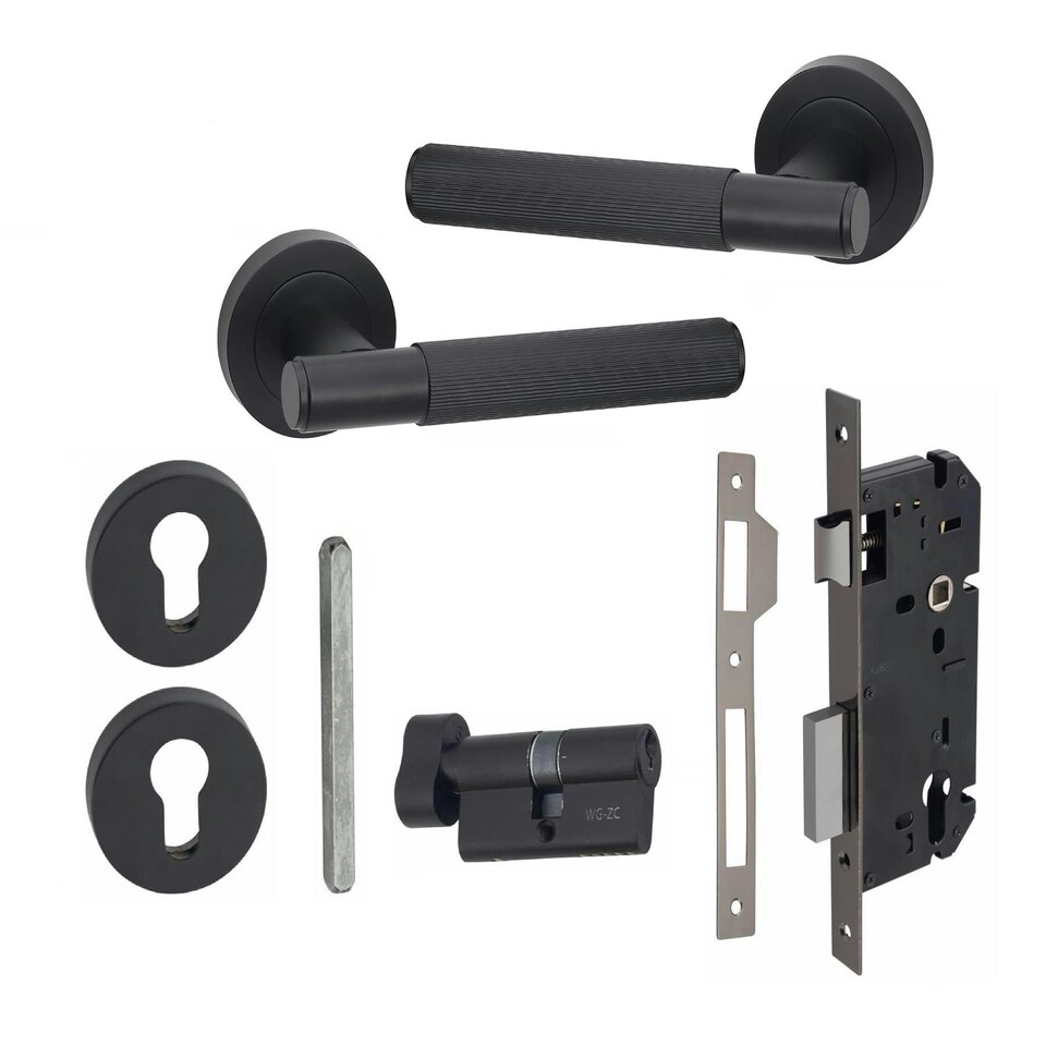 image 1 of Golden Grace 1 Pair Modern Linear T-Bar Euro Lock Door Handles in Matt Black Finish with 70mm Key and Thumbturn Barrell | Black | 1 Set