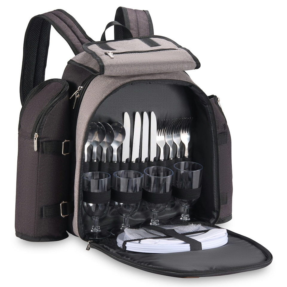 image 1 of VonShef Picnic Backpack, 4 Person Grey Insulated Picnic Bag with Dining Set