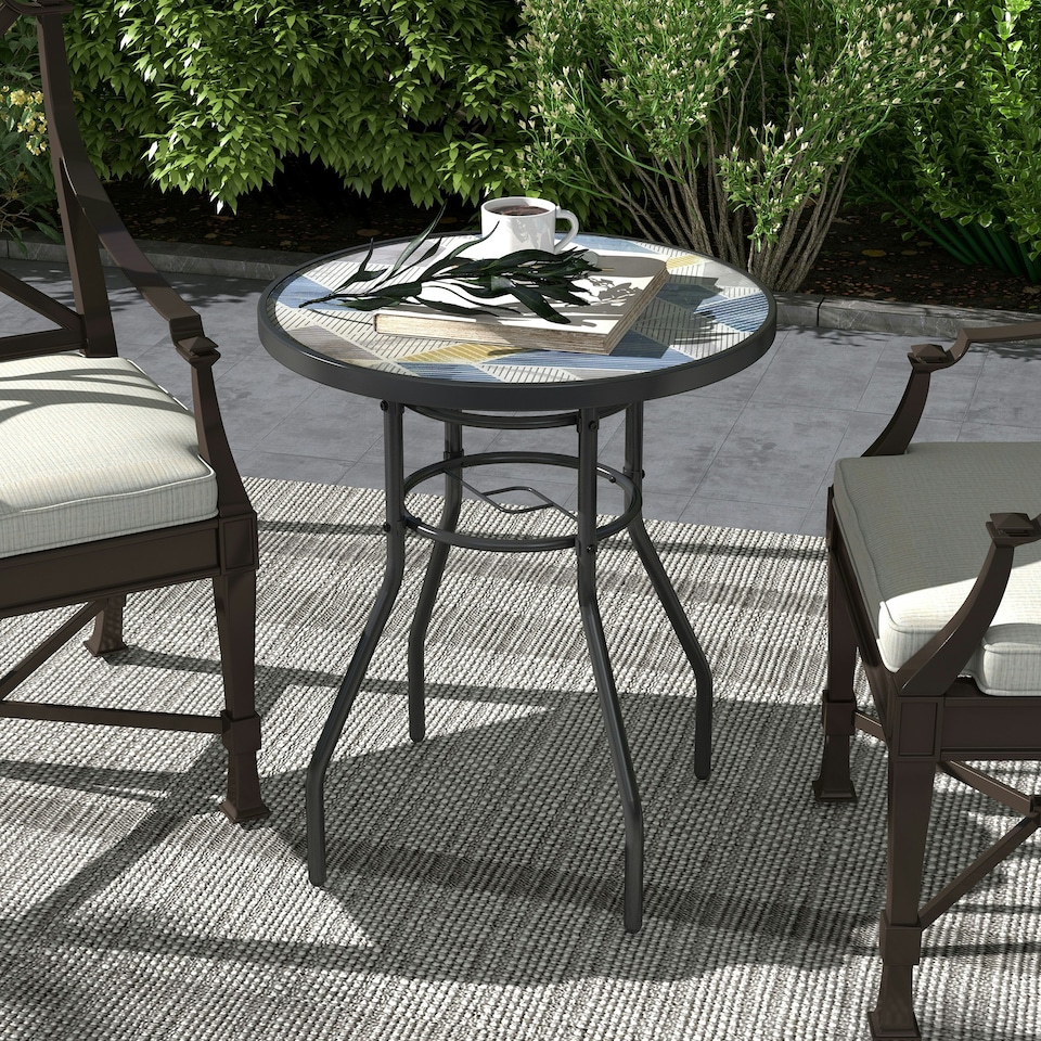 image 1 of Outsunny Garden Table with Glass Printed Design for Outdoor, Multicolour