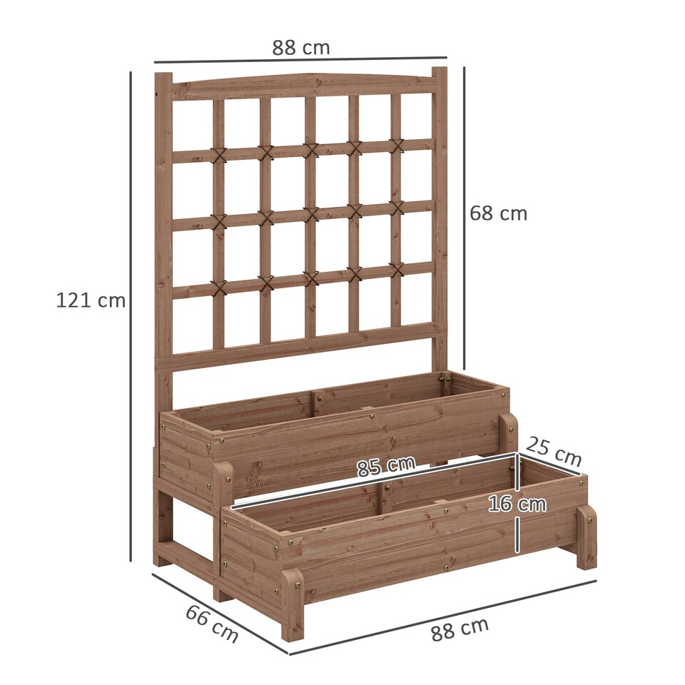 image 1 of Outsunny 2-Tier Wooden Raised Bed with Trellis and Drainage Holes Brown