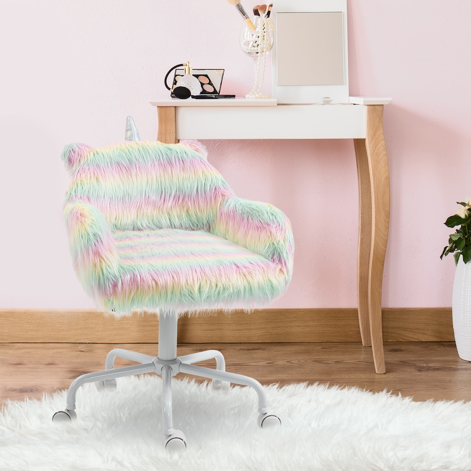 image 1 of Vinsetto Fluffy Desk Chair with Arms, Faux Fur Home Office Chair, Unicorn Swivel Chair with Adjustable Height and Wheels, Colourful