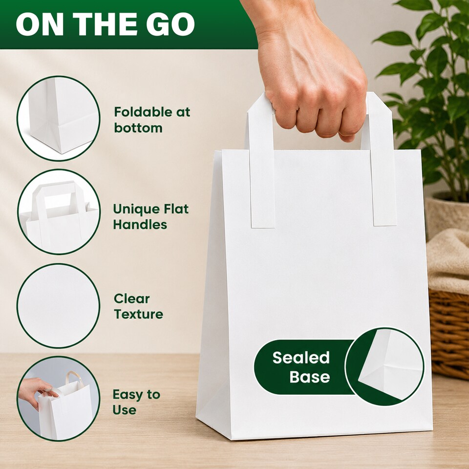 image 1 of ECONX White Kraft Paper Bags With Handles Medium Size SOS Takeaway Grocery Party Carrier Bags x 100pc