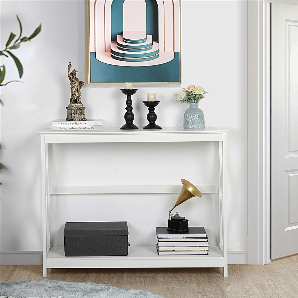 image 1 of Yaheetech  2-Tier Narrow Sofa Table with X-Shape Enforcement Structures