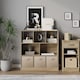 image 2 of Asymmetrical 8 Oak Cube Bookcase Shelf Storage Unit with 3 Fabric Drawer Inserts | Multi | Oak & Beige Drawer | 1
