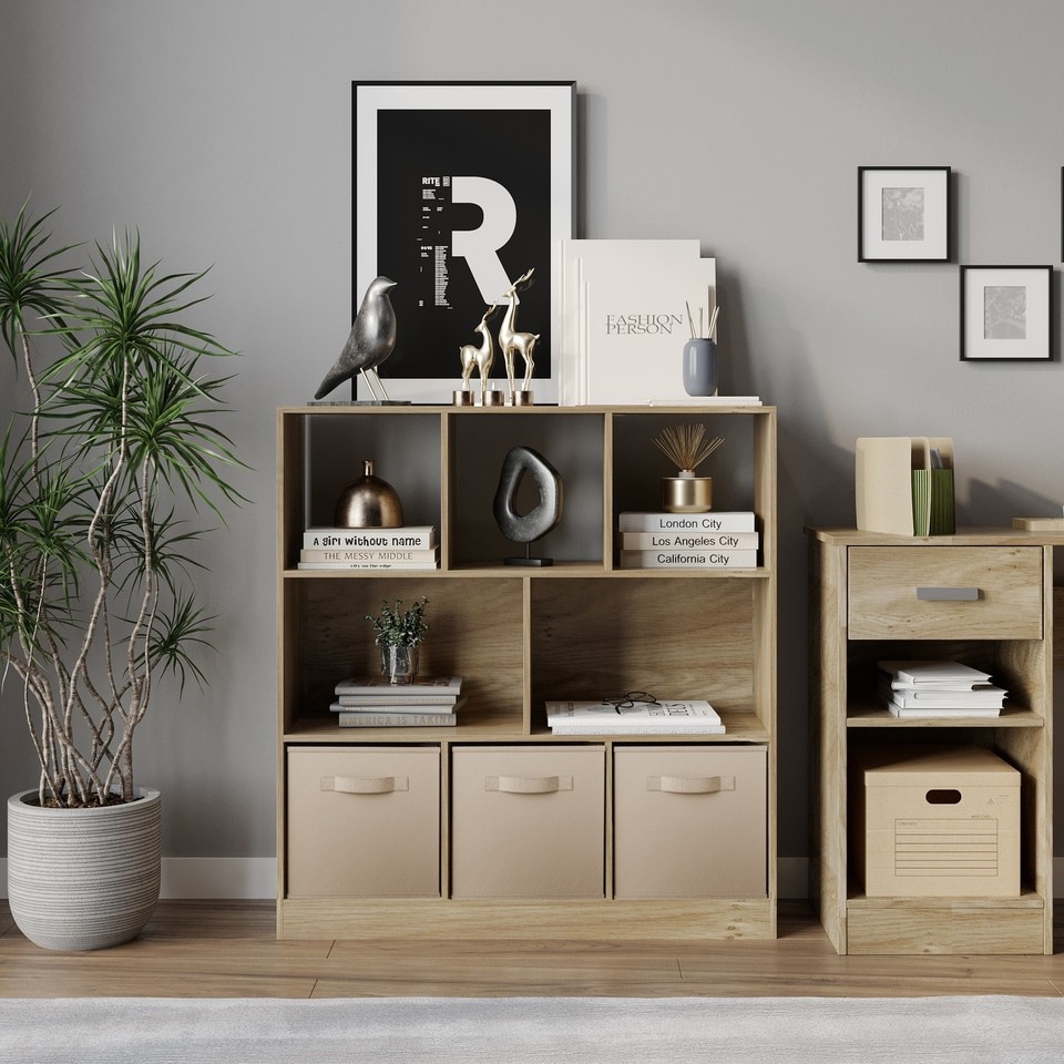 image 1 of Asymmetrical 8 Oak Cube Bookcase Shelf Storage Unit with 3 Fabric Drawer Inserts | Multi | Oak & Beige Drawer | 1