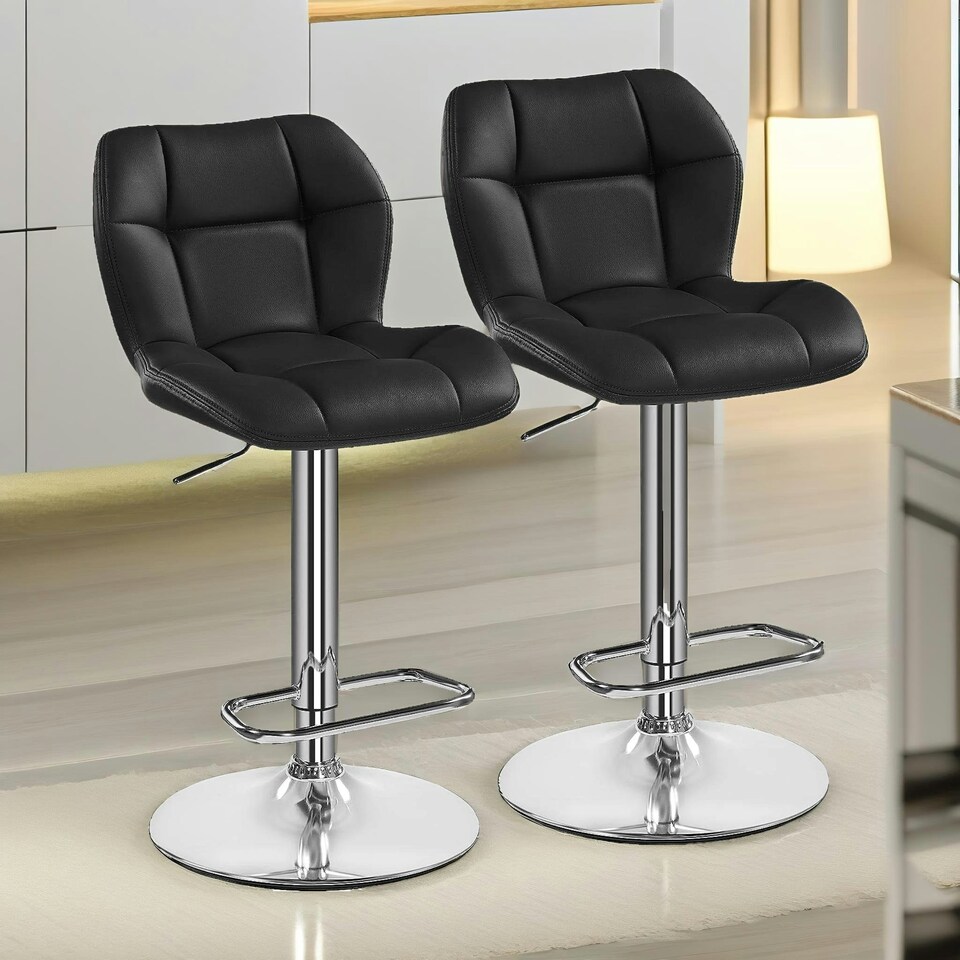 image 1 of Set Of 2 Height Adjustable 360 Swivel Barstools With Backrest Black Black