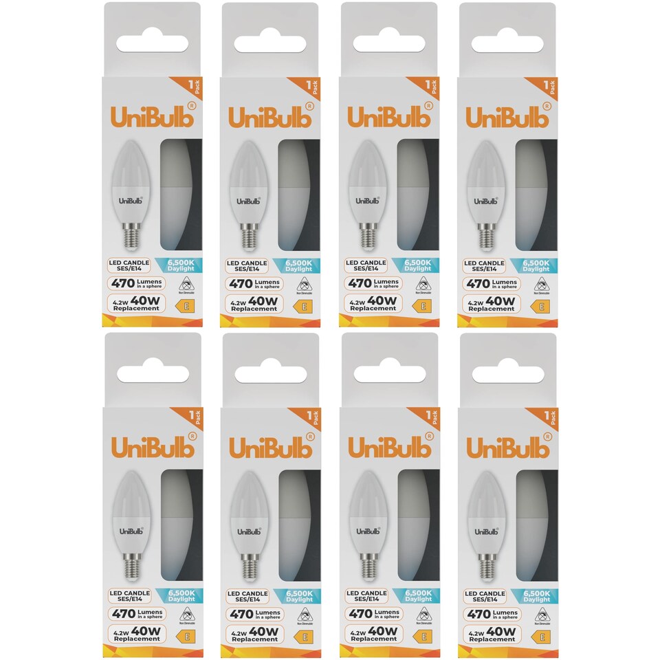image 1 of UniBulb LED Candle E14 Small Edison Screw (SES) 470lm 4.2W (Replaces 40W) 6500K (Daylight) Light Bulb - Pack of 8 | White | Daylight | 8