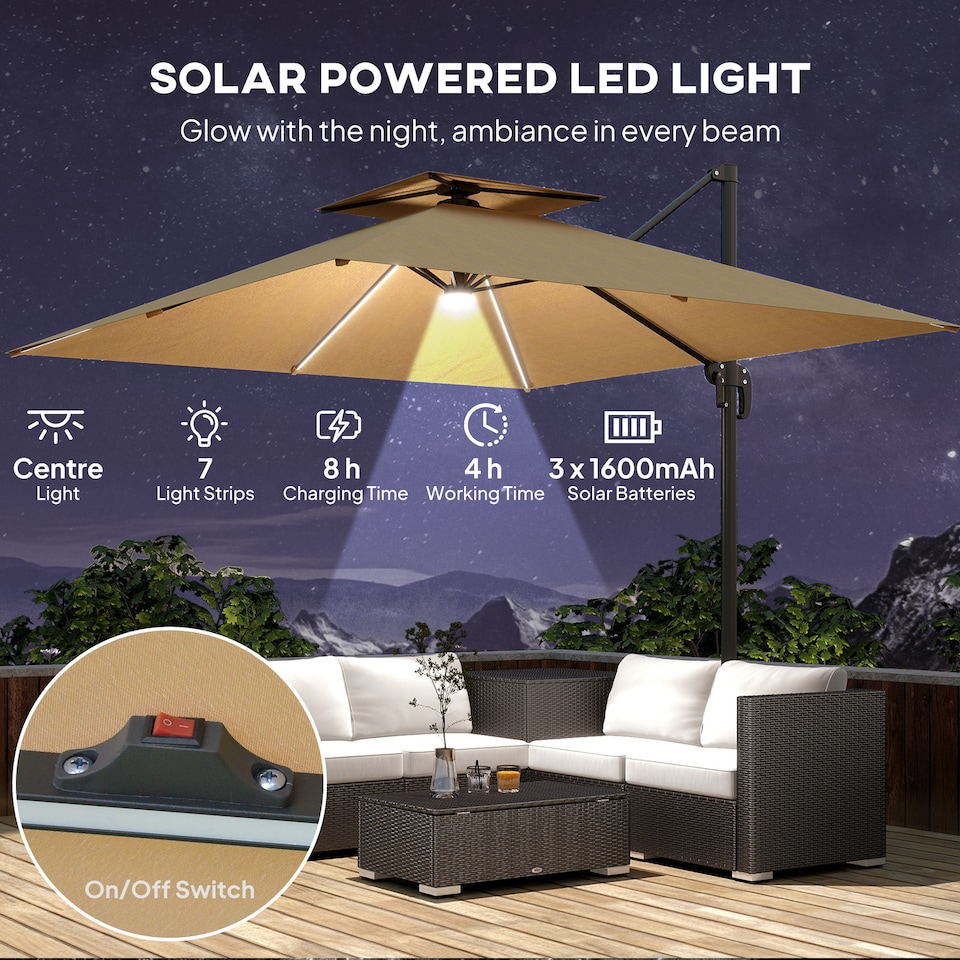 image 1 of Outsunny 2.5m Cantilever Parasol with Solar Powered LED Lights, Double Top Square Overhanging Garden Parasol with 360 Rotation, Tilt Adjustment, Crank Handle, Khaki | Brown