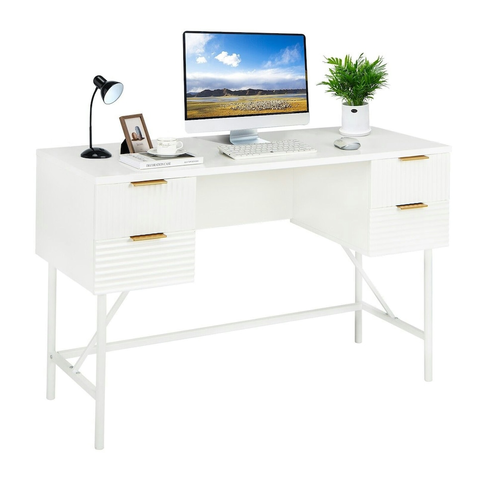 image 1 of COSTWAY Modern Computer Desk with 4 Drawers White