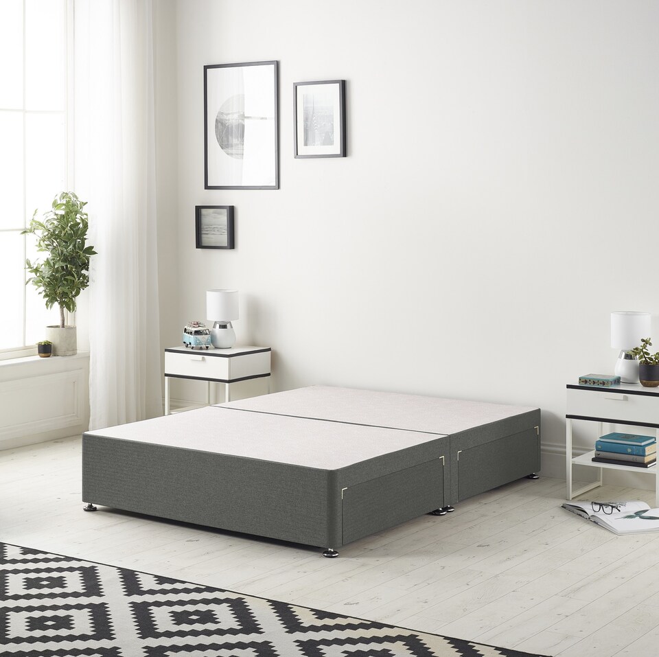 image 1 of Astoria Divan Bed Base with 2 Drawers & 30 Inch Diamante Headboard in Linen Fabric | Grey | Grey | Small Single