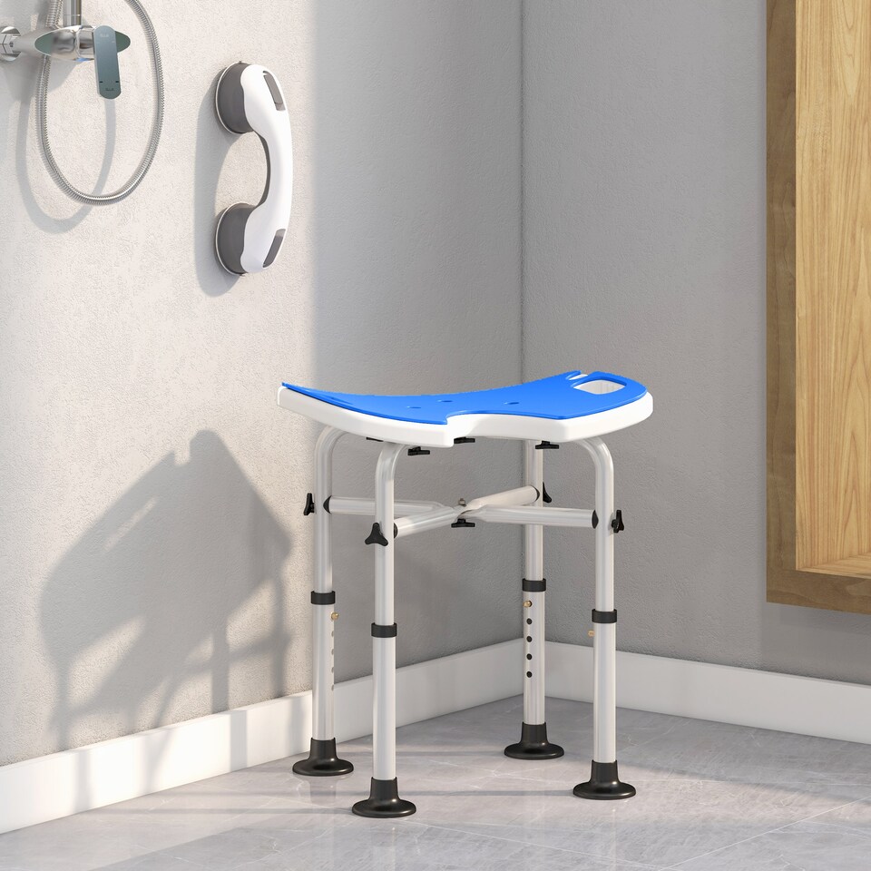 image 1 of HOMCOM Height Adjustable Shower Stool with Suction Grab Rail, Aluminium Shower Chair with U-Shaped Padded Seat, Non-Slip Bath Stool for Elderly, Disabled, Seniors, Pregnant, Dark Blue | Blue