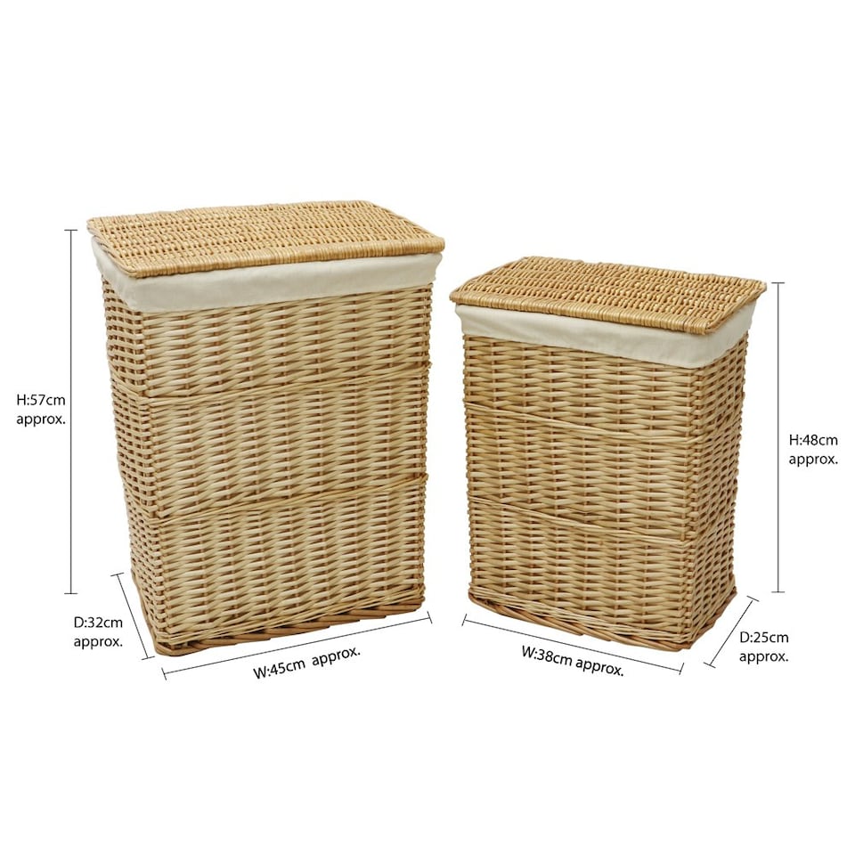 image 1 of JVL Hand Woven Acacia Set of 2 Rectangular Laundry Willow Baskets with 2 Waste Paper Baskets, Honey Finish Brown