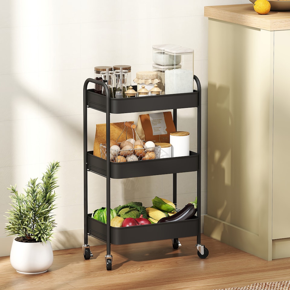 image 1 of HOMCOM 3-tier Storage Trolley on Wheels, Metal Storage Cart, Rolling Ultility Cart with 3 Mesh Baskets for Living Room, Kitchen, Black | Black