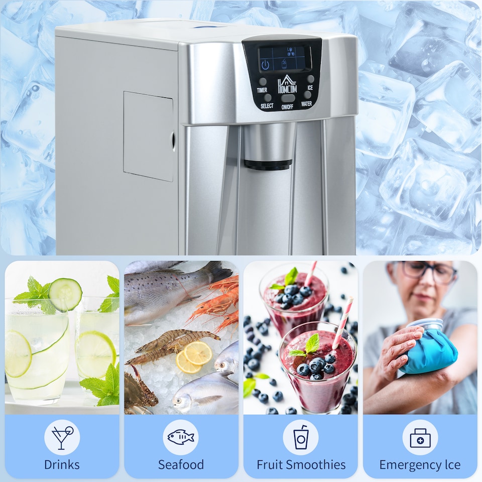 image 1 of HOMCOM 3L Ice Maker Machine and Water Dispenser, 12kg in 24H, 2 Size Options 9 Ice Cubes Ready in 6-10 Mins Countertop Ice Machine for Home, Kitchen, Office, Bar, Silver